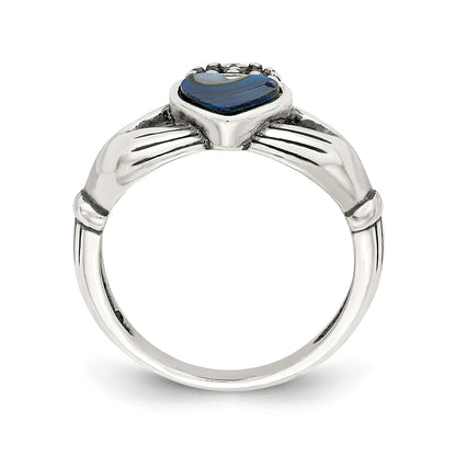 Heart Abalone Antiqued Claddagh Ring in Sterling Silver front view