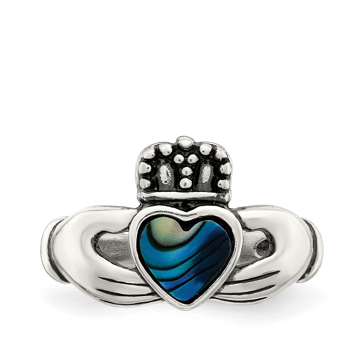 Heart Abalone Antiqued Claddagh Ring in Sterling Silver close-up detail