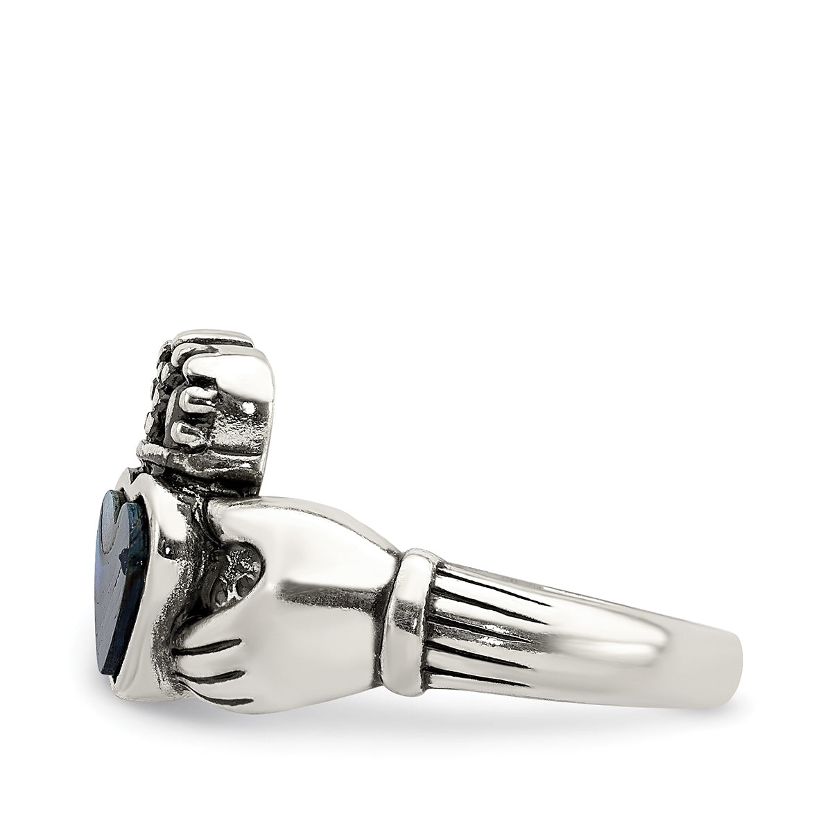 Heart Abalone Antiqued Claddagh Ring in Sterling Silver side profile