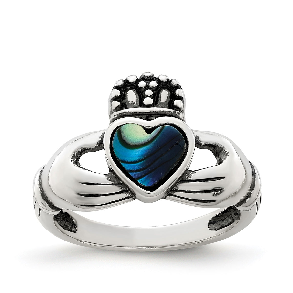 Heart Abalone Antiqued Claddagh Ring in Sterling Silver
