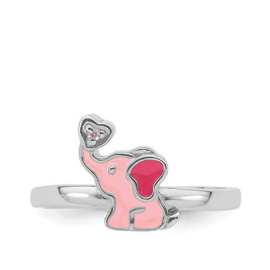 Children's Pink Enamel Elephant Ring in Rhodium Plated Sterling Silver close-up detail