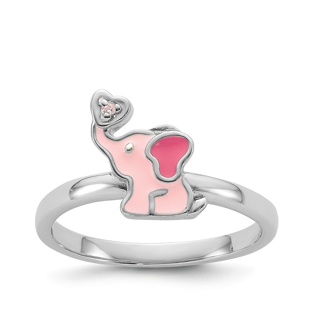 Children's Pink Enamel Elephant Ring in Rhodium Plated Sterling Silver
