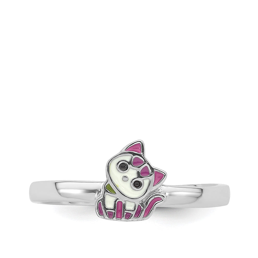 Children's Pink & Purple Enamel Kitty Ring in Rhodium Plated Sterling Silver close-up detail
