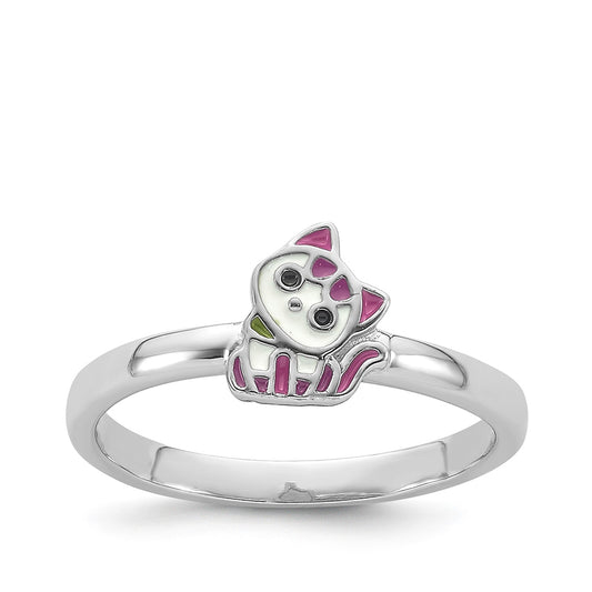 Children's Pink & Purple Enamel Kitty Ring in Rhodium Plated Sterling Silver