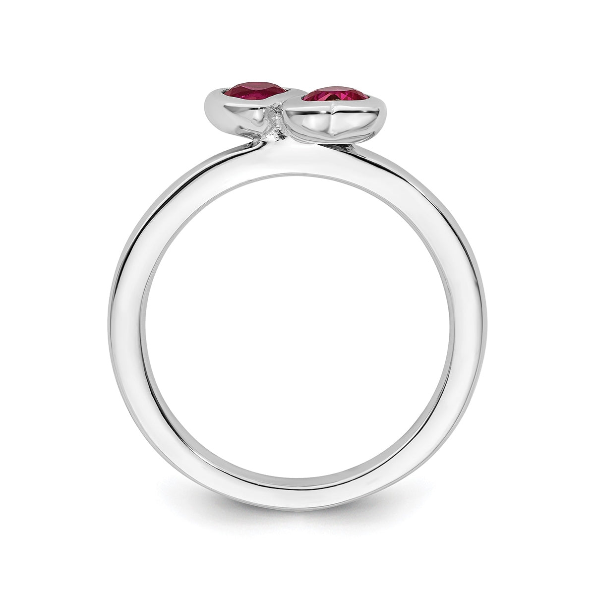 Created Heart Ruby Double Heart Bezel Set Ring in Sterling Silver front view