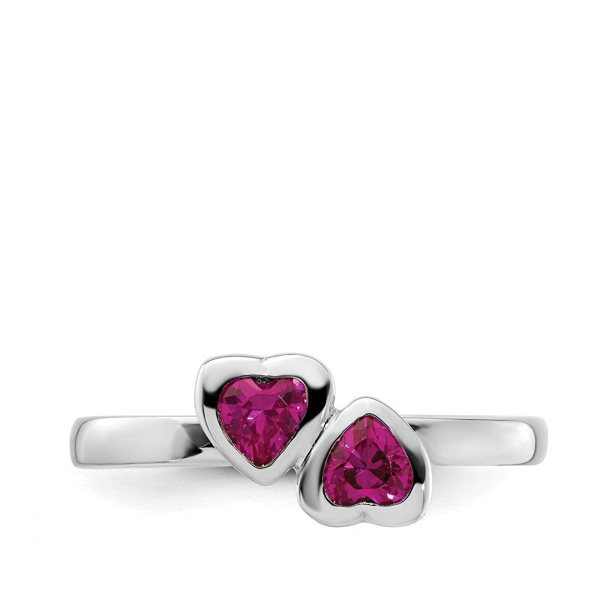Created Heart Ruby Double Heart Bezel Set Ring in Sterling Silver close-up detail