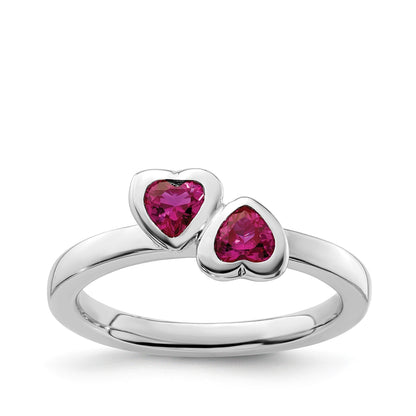 Created Heart Ruby Double Heart Bezel Set Ring in Sterling Silver