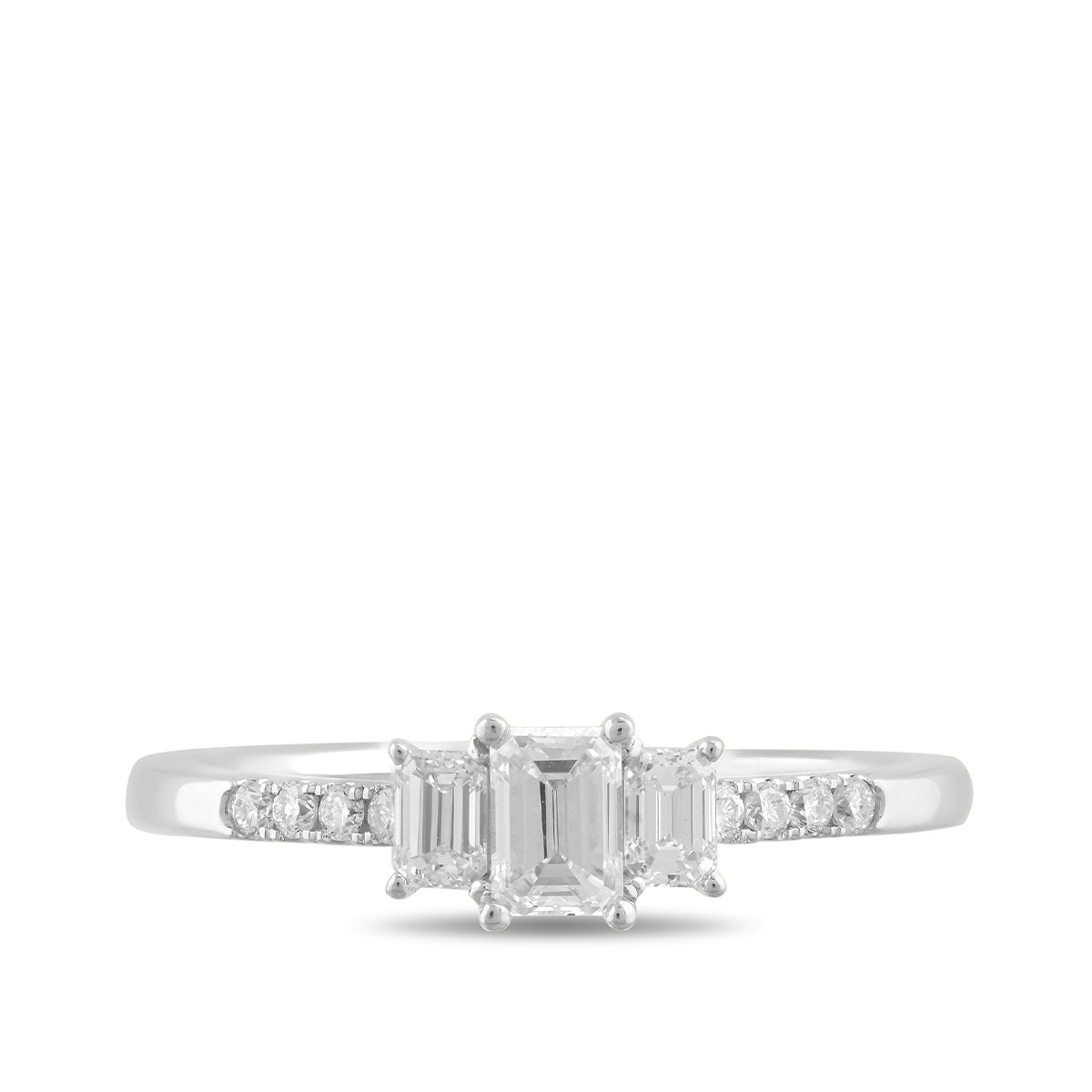 Adamante 3/4 ct. tw. Lab-Grown Emerald Cut Diamond Trio Engagement Ring in 14K White Gold close-up detail