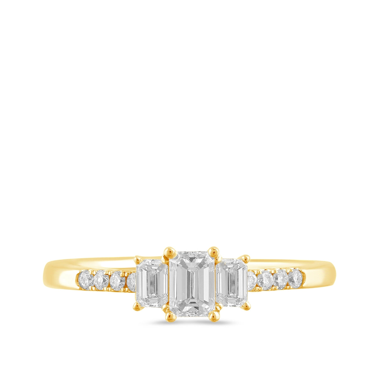 Adamante 3/4 ct. tw. Lab-Grown Emerald Cut Diamond Trio Engagement Ring in 14K Yellow Gold close-up detail