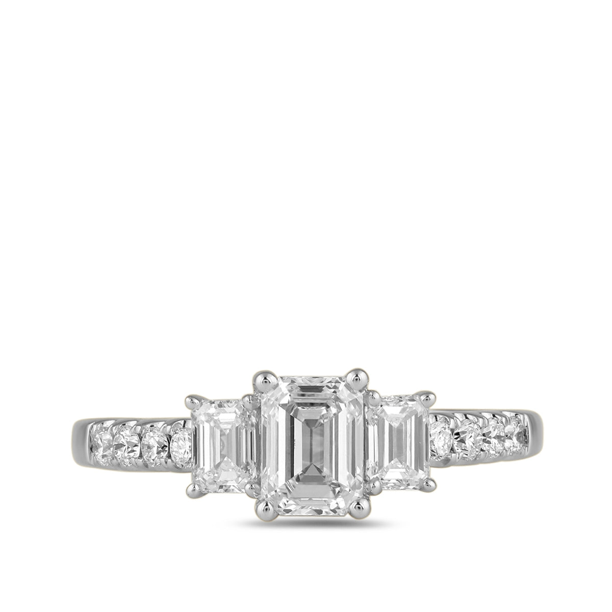 Adamante 1-1/2 ct. tw. Lab-Grown Emerald Cut Diamond Trio Engagement Ring in 14K White Gold close-up detail