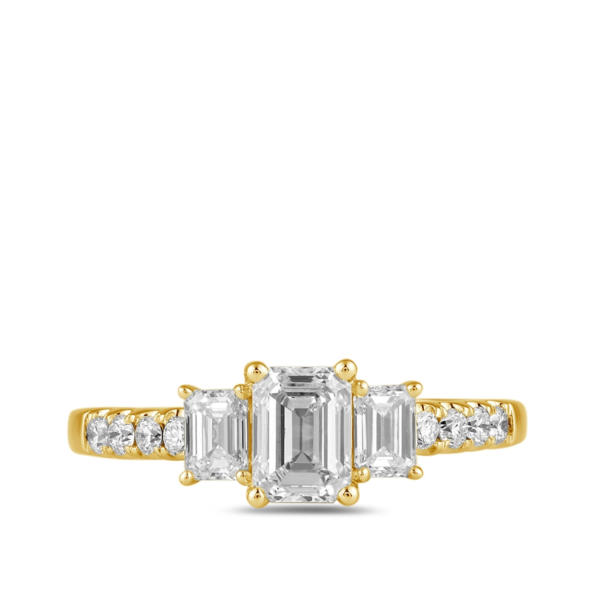 Adamante 1-1/2 ct. tw. Lab-Grown Emerald Cut Diamond Trio Engagement Ring in 14K Yellow Gold close-up detail