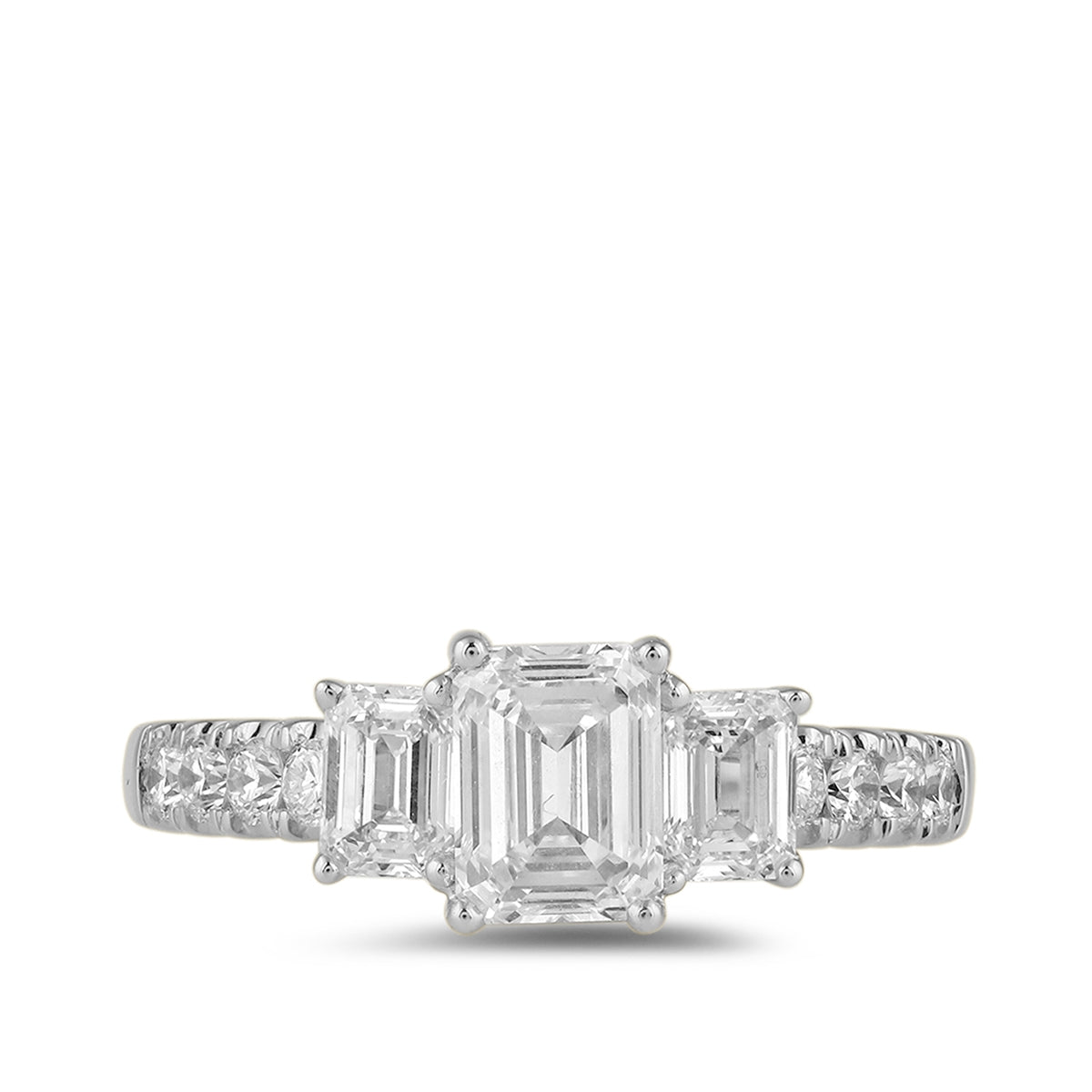 Adamante 2 ct. tw. Lab-Grown Emerald Cut Diamond Trio Engagement Ring in 14K White Gold close-up detail