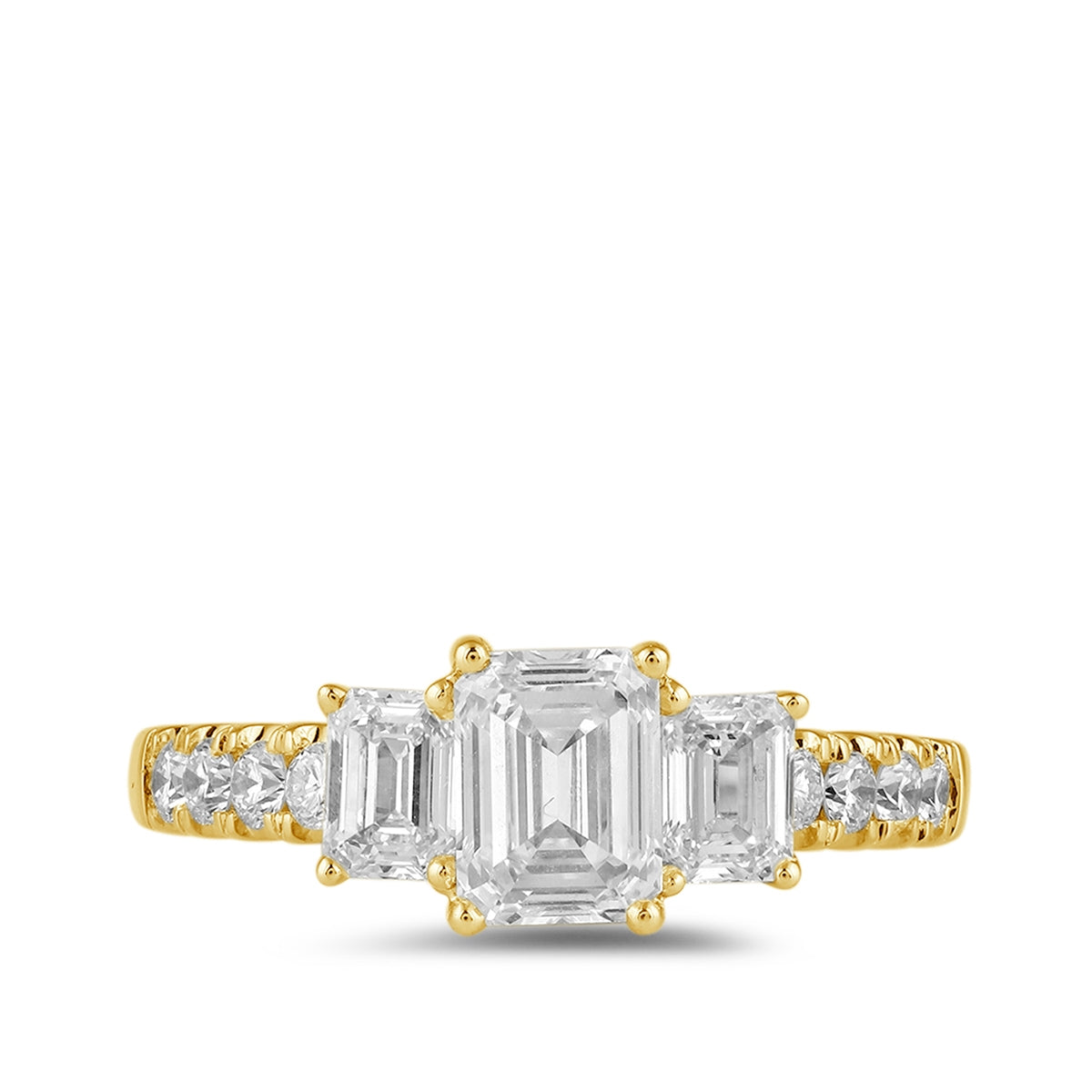 Adamante 2 ct. tw. Lab-Grown Emerald Cut Diamond Trio Engagement Ring in 14K Yellow Gold close-up detail