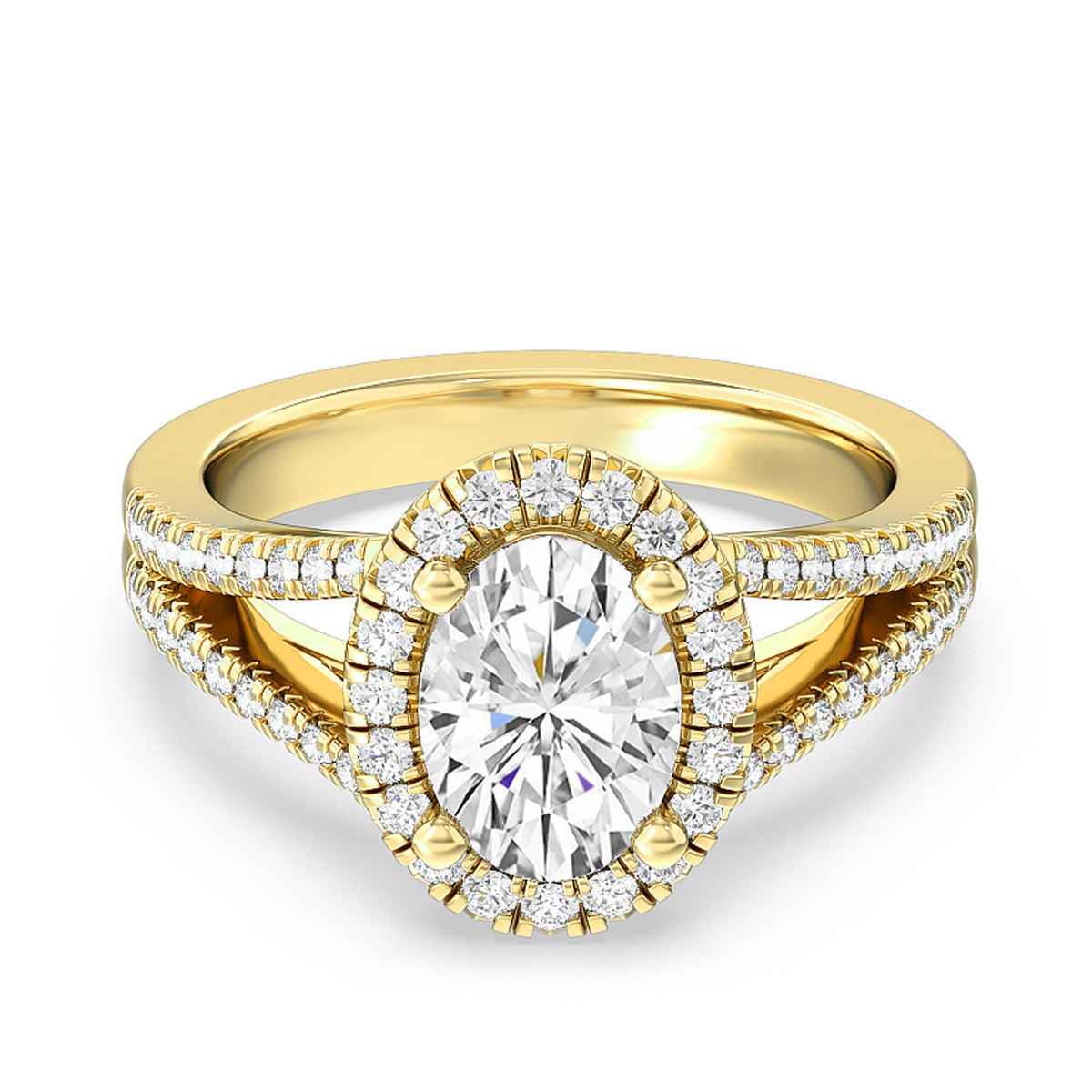 Adamante 3-3/8 ct. tw. Lab-Grown Oval Diamond Halo Split Shank Engagement Ring in 14K Yellow Gold close-up detail
