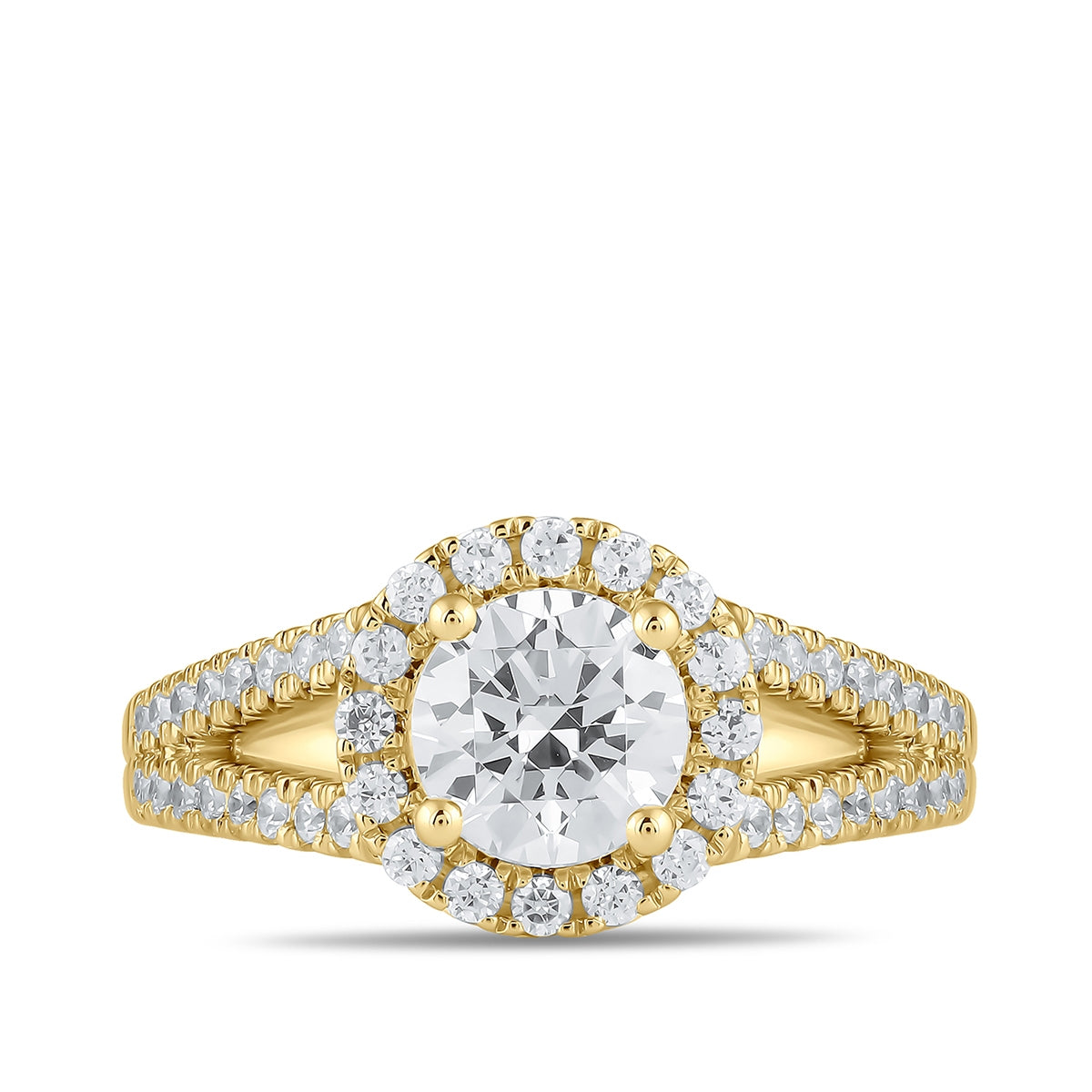 Adamante 3-3/8 ct. tw. Lab-Grown Round Brilliant Diamond Halo Split Shank Engagement Ring in 14K Yellow Gold close-up detail