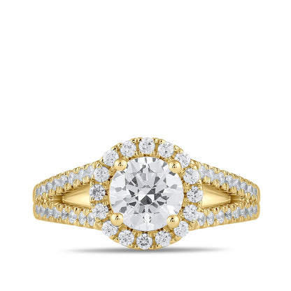 Adamante 3-3/8 ct. tw. Lab-Grown Round Brilliant Diamond Halo Split Shank Engagement Ring in 14K Yellow Gold close-up detail
