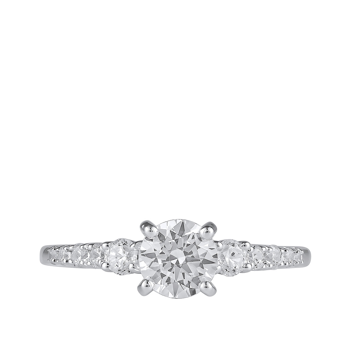 Adamante 3-Stone 3-3/8 Lab-Grown Round Brilliant Diamond Engagement Ring in 14K White Gold close-up detail