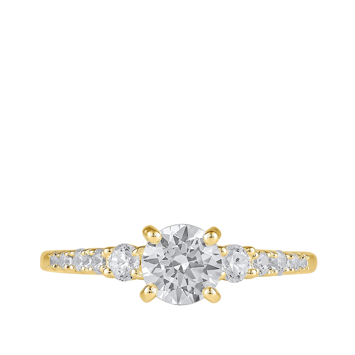 Adamante 3-Stone 3-3/8 Lab-Grown Round Brilliant Diamond Engagement Ring in 14K Yellow Gold close-up detail