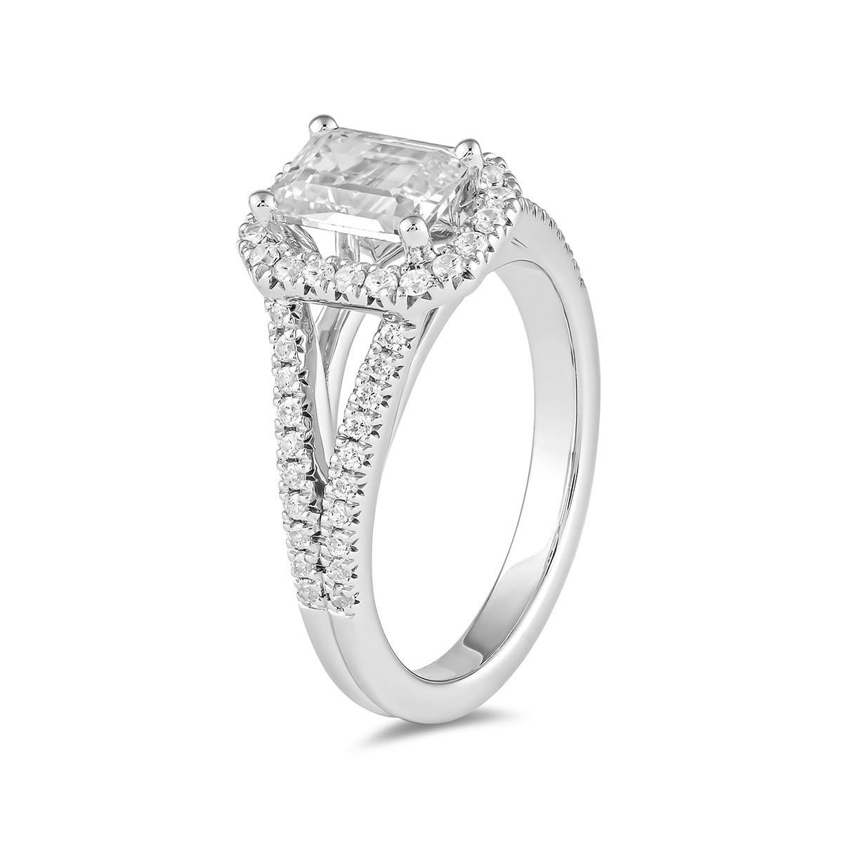 Adamante 3-1/2 ct. tw. Lab-Grown Emerald Cut Diamond Halo Split Shank Engagement Ring in 14K White Gold front view