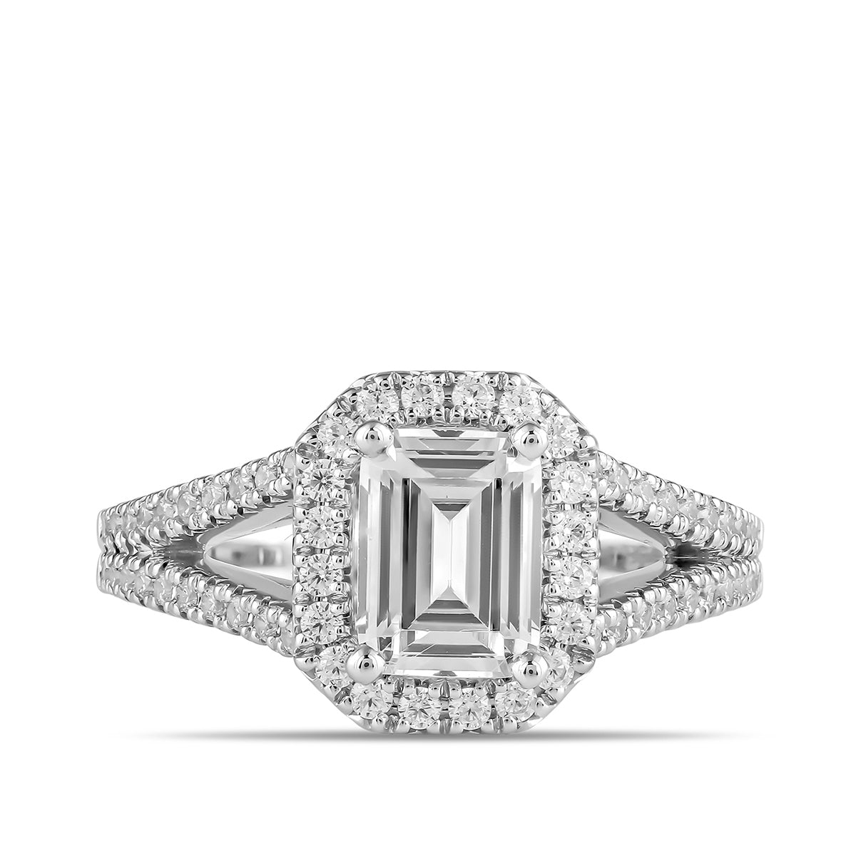Adamante 3-1/2 ct. tw. Lab-Grown Emerald Cut Diamond Halo Split Shank Engagement Ring in 14K White Gold close-up detail