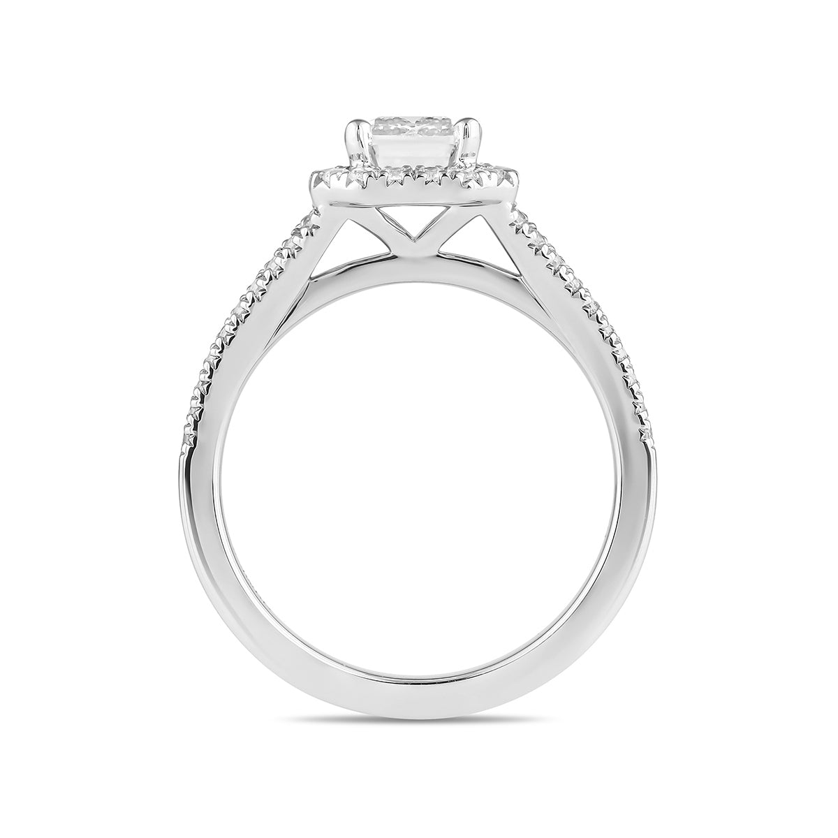 Adamante 3-1/2 ct. tw. Lab-Grown Emerald Cut Diamond Halo Split Shank Engagement Ring in 14K White Gold side profile