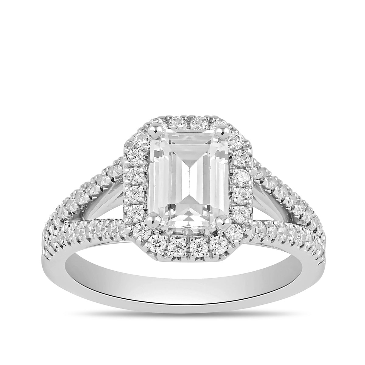 Adamante 3-1/2 ct. tw. Lab-Grown Emerald Cut Diamond Halo Split Shank Engagement Ring in 14K White Gold