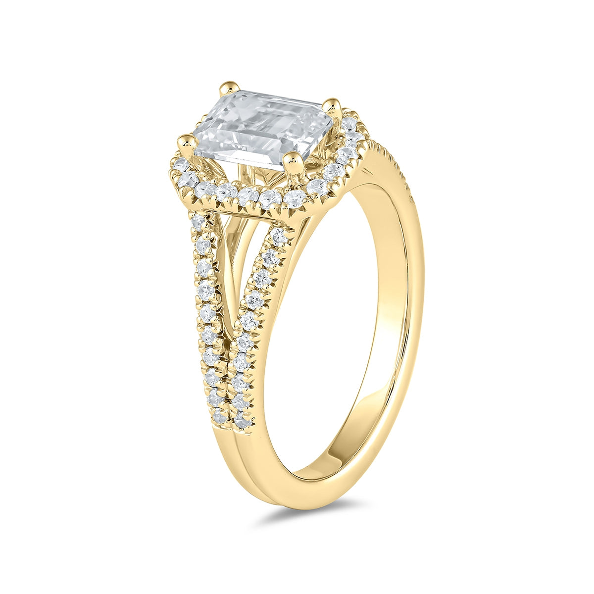 Adamante 3-1/2 ct. tw. Lab-Grown Emerald Cut Diamond Halo Split Shank Engagement Ring in 14K Yellow Gold front view