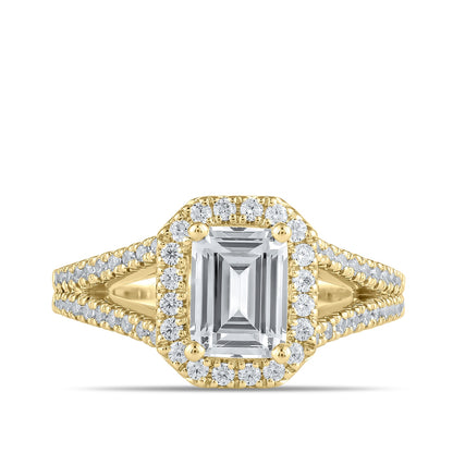 Adamante 3-1/2 ct. tw. Lab-Grown Emerald Cut Diamond Halo Split Shank Engagement Ring in 14K Yellow Gold close-up detail