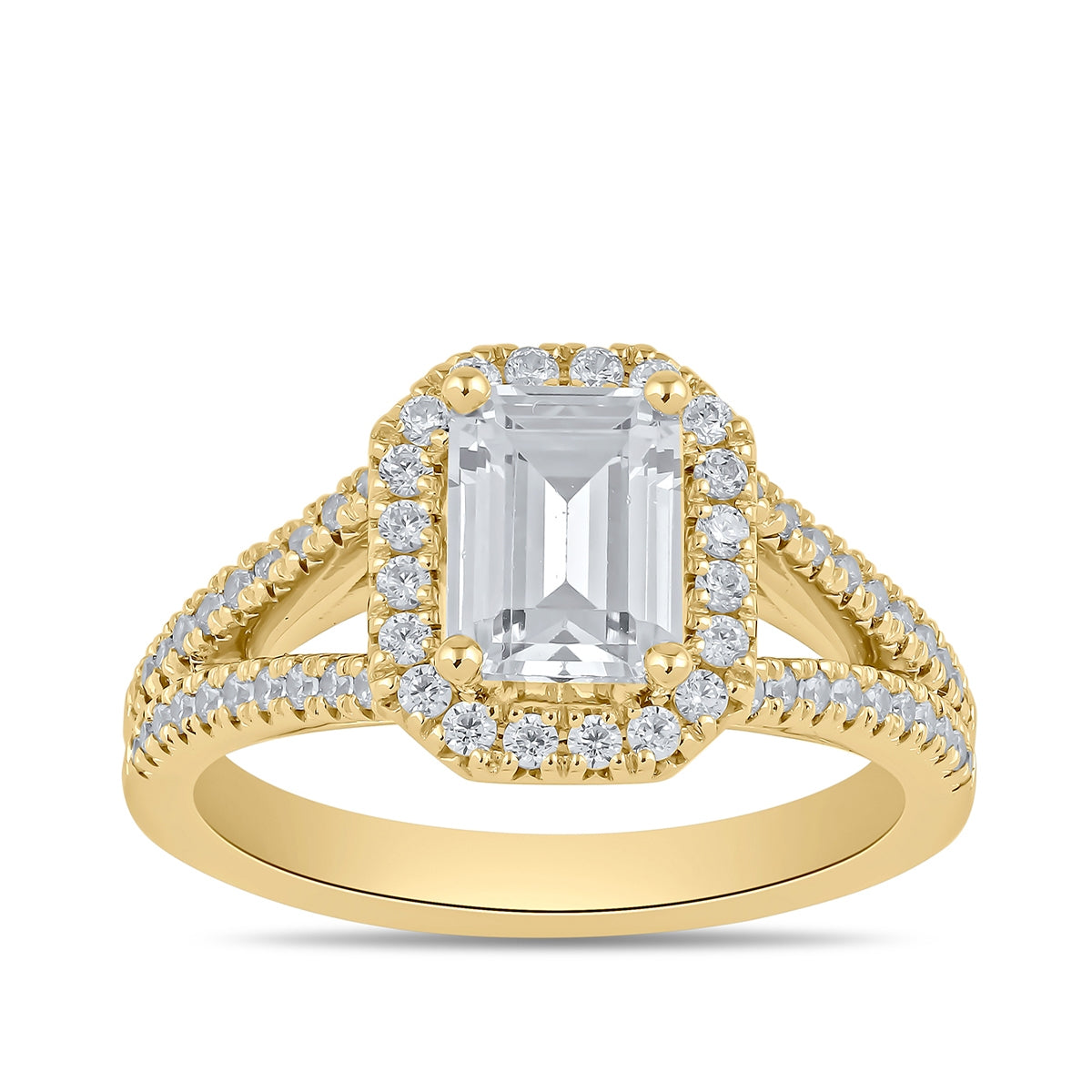 Adamante 3-1/2 ct. tw. Lab-Grown Emerald Cut Diamond Halo Split Shank Engagement Ring in 14K Yellow Gold