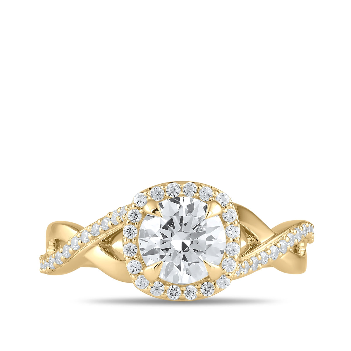 Adamante 3-1/4 ct. tw. Lab-Grown Round Brilliant Diamond Halo Twist Engagement Ring in 14K Yellow Gold close-up detail