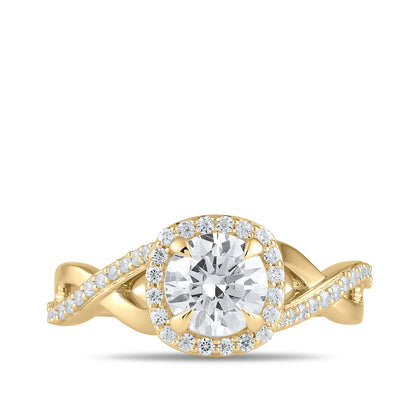 Adamante 3-1/4 ct. tw. Lab-Grown Round Brilliant Diamond Halo Twist Engagement Ring in 14K Yellow Gold close-up detail