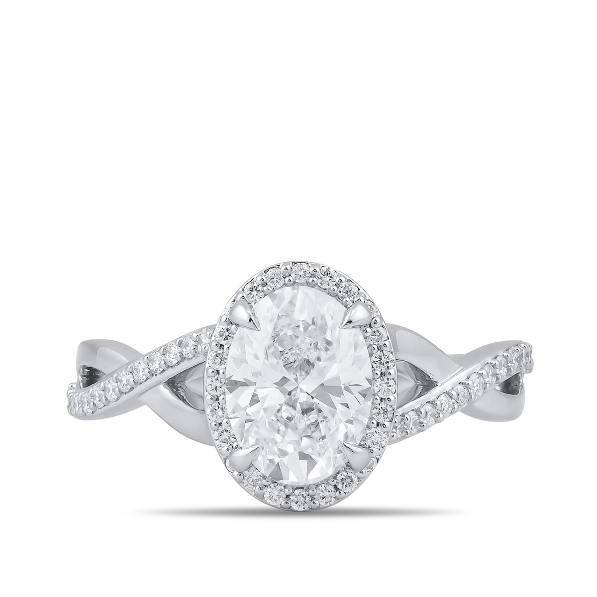 Adamante 3-1/4 ct. tw. Lab-Grown Oval Diamond Halo Twist Engagement Ring in 14K White Gold close-up detail
