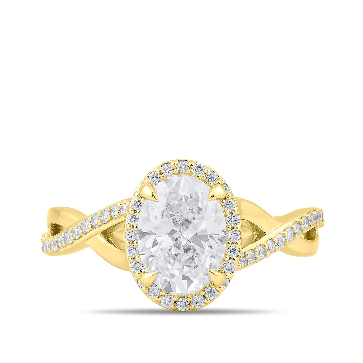 Adamante 3-1/4 ct. tw. Lab-Grown Oval Diamond Halo Twist Engagement Ring in 14K Yellow Gold close-up detail