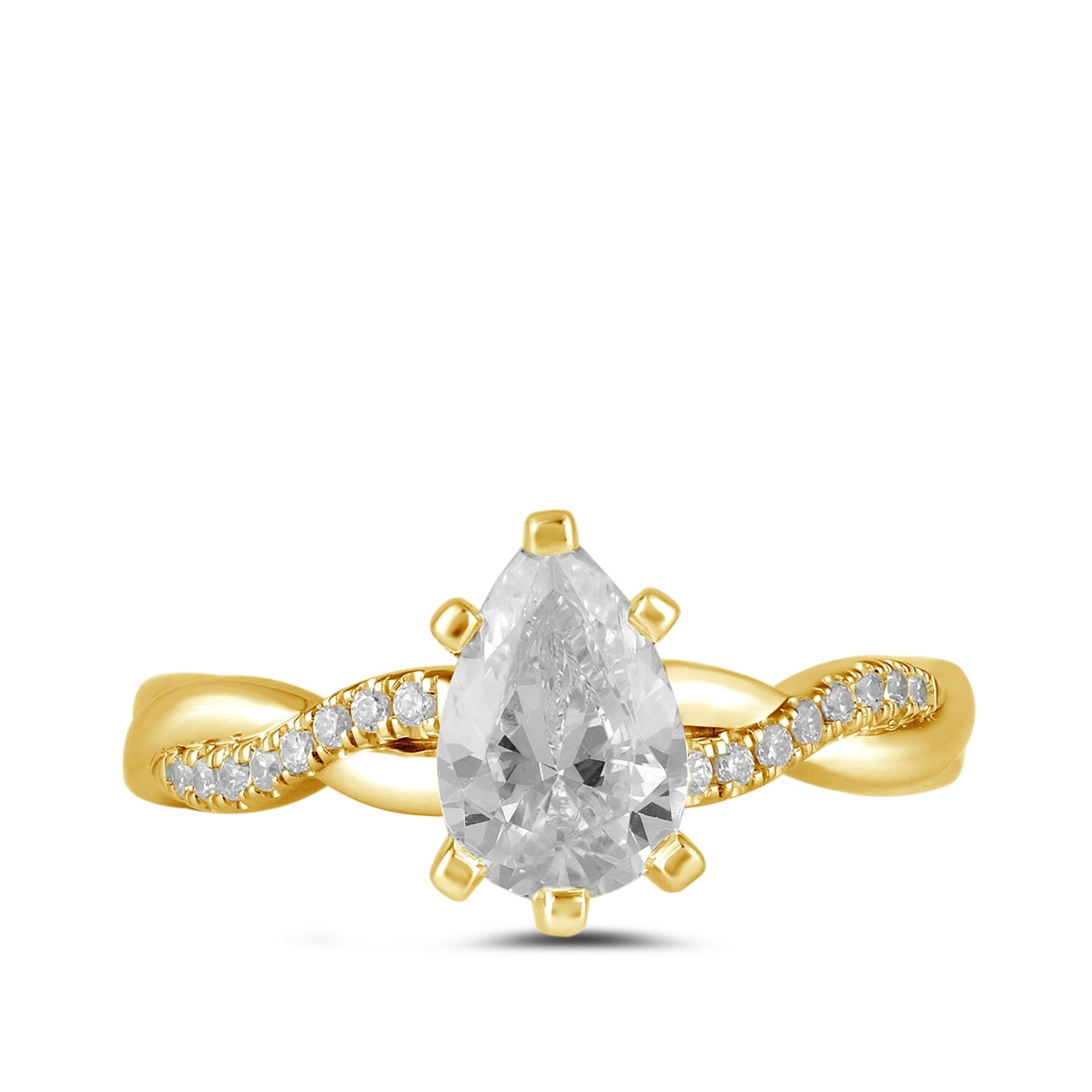 Adamante 3-1/10 ct. tw. Lab-Grown Pear Diamond Twist Engagement Ring in 14K Yellow Gold close-up detail
