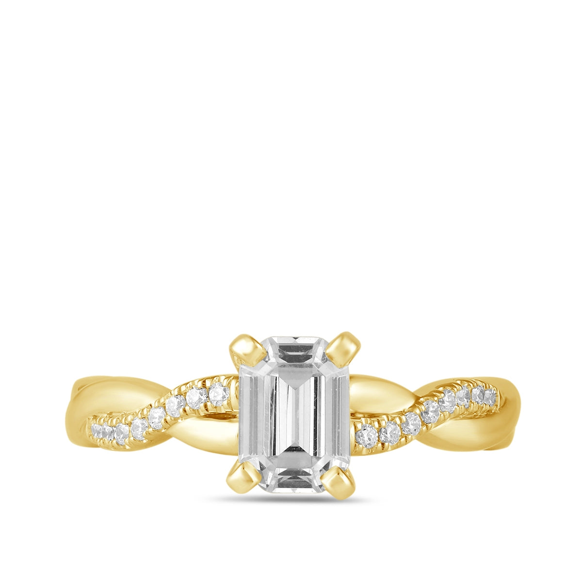 Adamante 3-1/10 ct. tw. Lab-Grown Emerald Cut Diamond Twist Engagement Ring in 14K Yellow Gold close-up detail