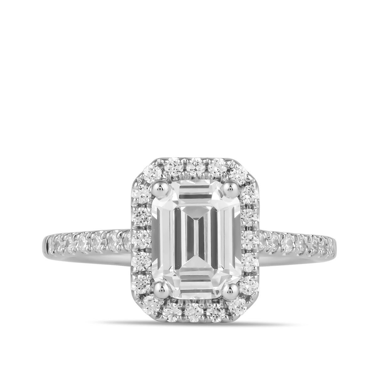 Adamante 3-1/3 ct. tw. Lab-Grown Emerald Cut Diamond Halo Engagement Ring in 14K White Gold close-up detail (2)