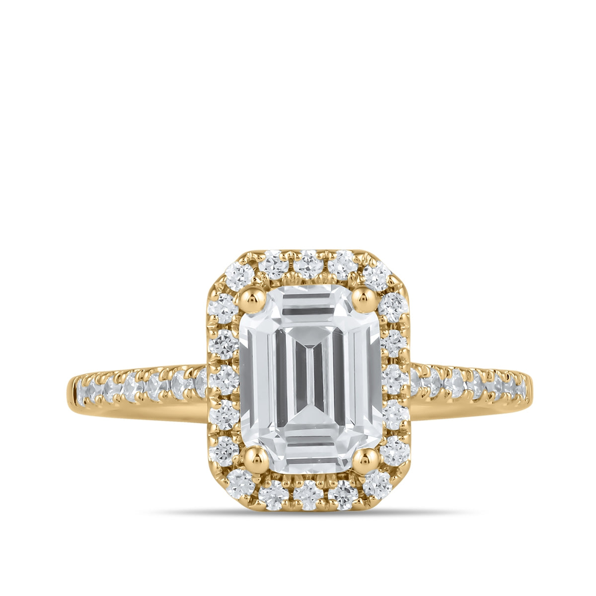Adamante 3-1/3 ct. tw. Lab-Grown Emerald Cut Diamond Halo Engagement Ring in 14K Yellow Gold close-up detail (2)