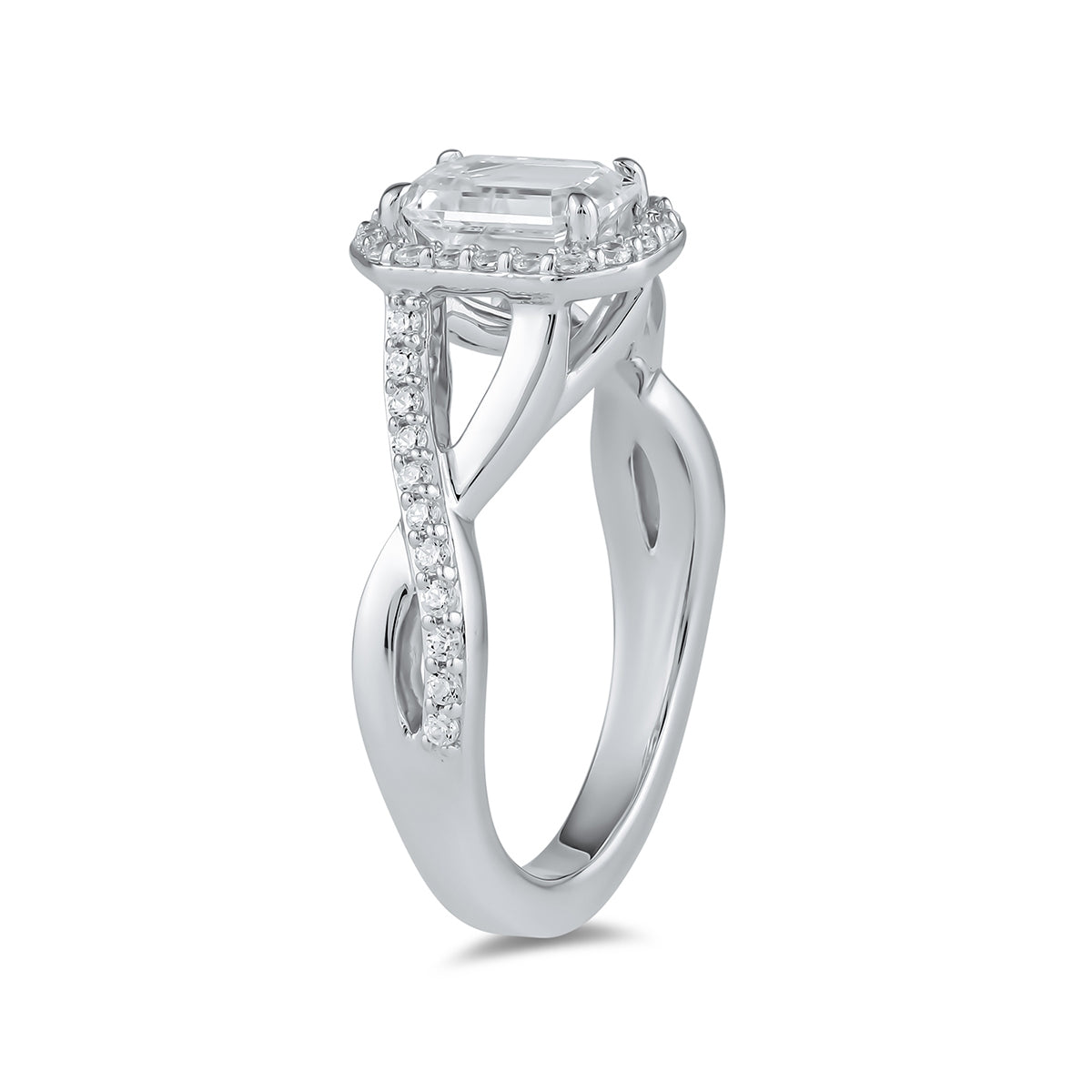 Adamante 3-1/4 ct. tw. Lab-Grown Emerald Cut Halo Twist Diamond Engagement Ring in 14K White Gold front view