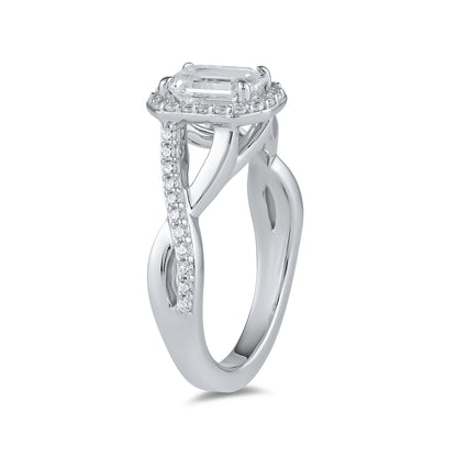 Adamante 3-1/4 ct. tw. Lab-Grown Emerald Cut Halo Twist Diamond Engagement Ring in 14K White Gold front view