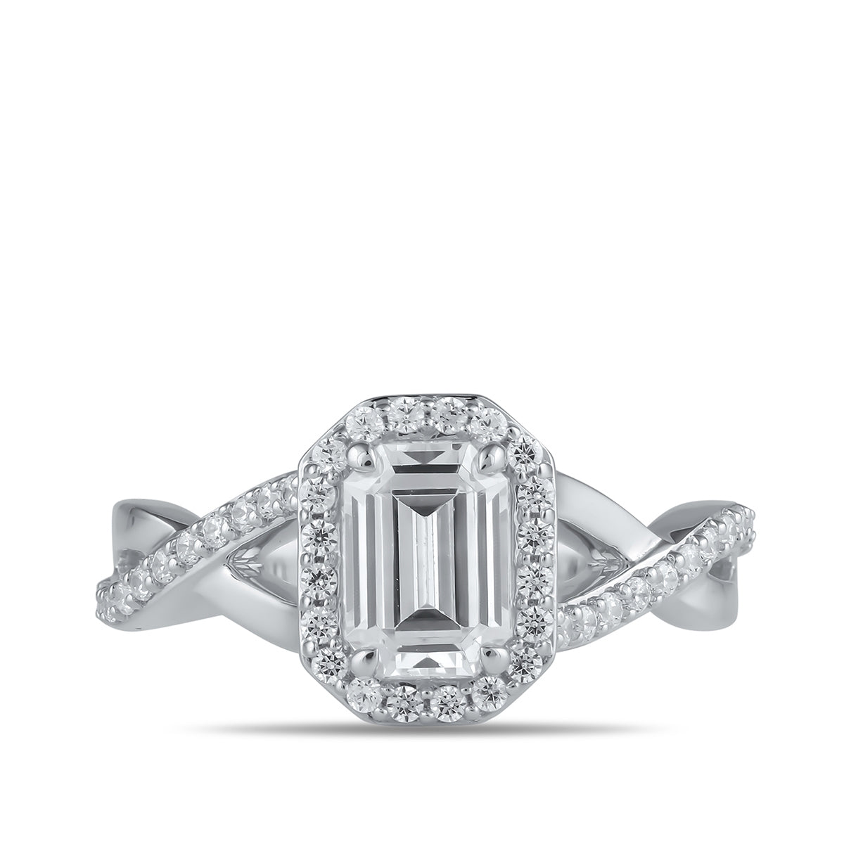 Adamante 3-1/4 ct. tw. Lab-Grown Emerald Cut Halo Twist Diamond Engagement Ring in 14K White Gold close-up detail