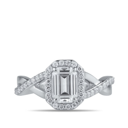 Adamante 3-1/4 ct. tw. Lab-Grown Emerald Cut Halo Twist Diamond Engagement Ring in 14K White Gold close-up detail