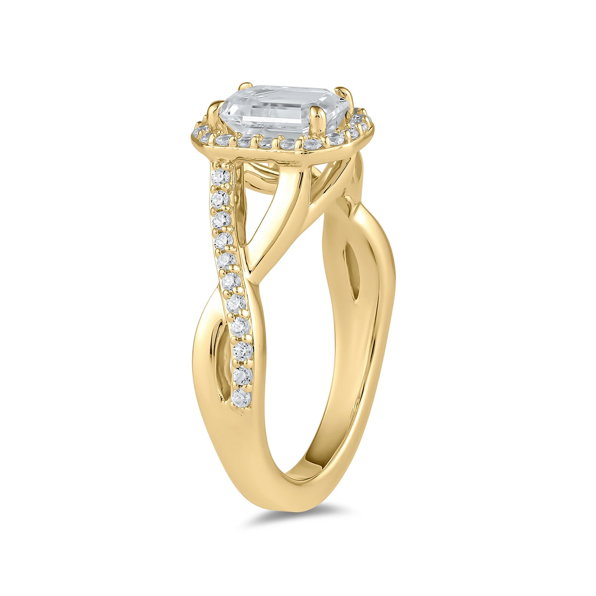 Adamante 3-1/4 ct. tw. Lab-Grown Emerald Cut Halo Twist Diamond Engagement Ring in 14K Yellow Gold front view