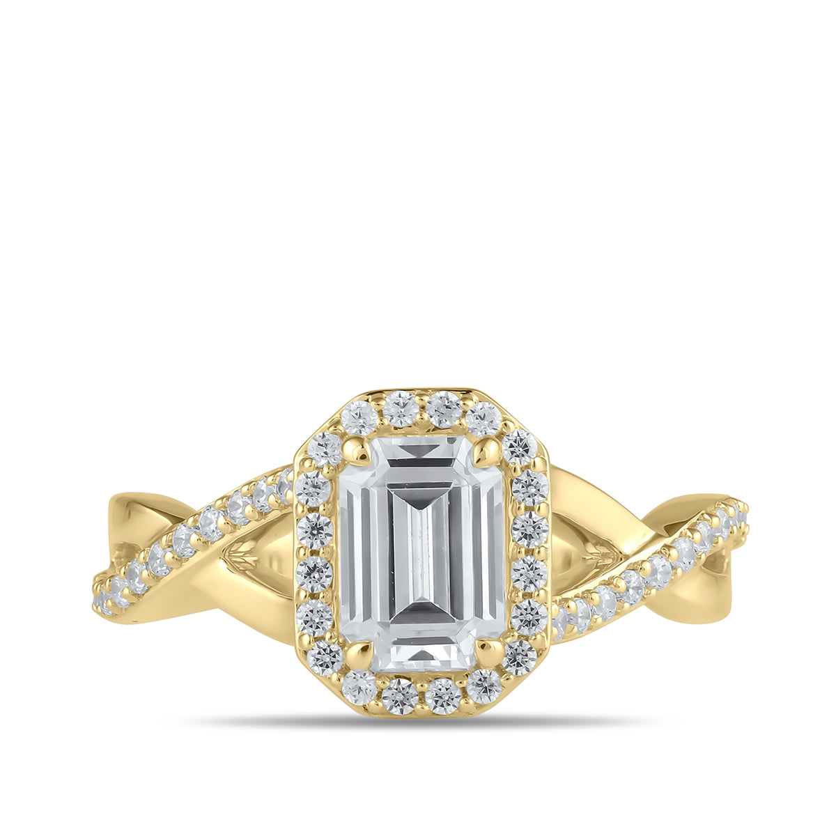 Adamante 3-1/4 ct. tw. Lab-Grown Emerald Cut Halo Twist Diamond Engagement Ring in 14K Yellow Gold close-up detail
