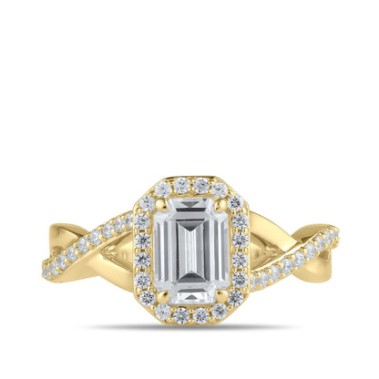 Adamante 3-1/4 ct. tw. Lab-Grown Emerald Cut Halo Twist Diamond Engagement Ring in 14K Yellow Gold close-up detail