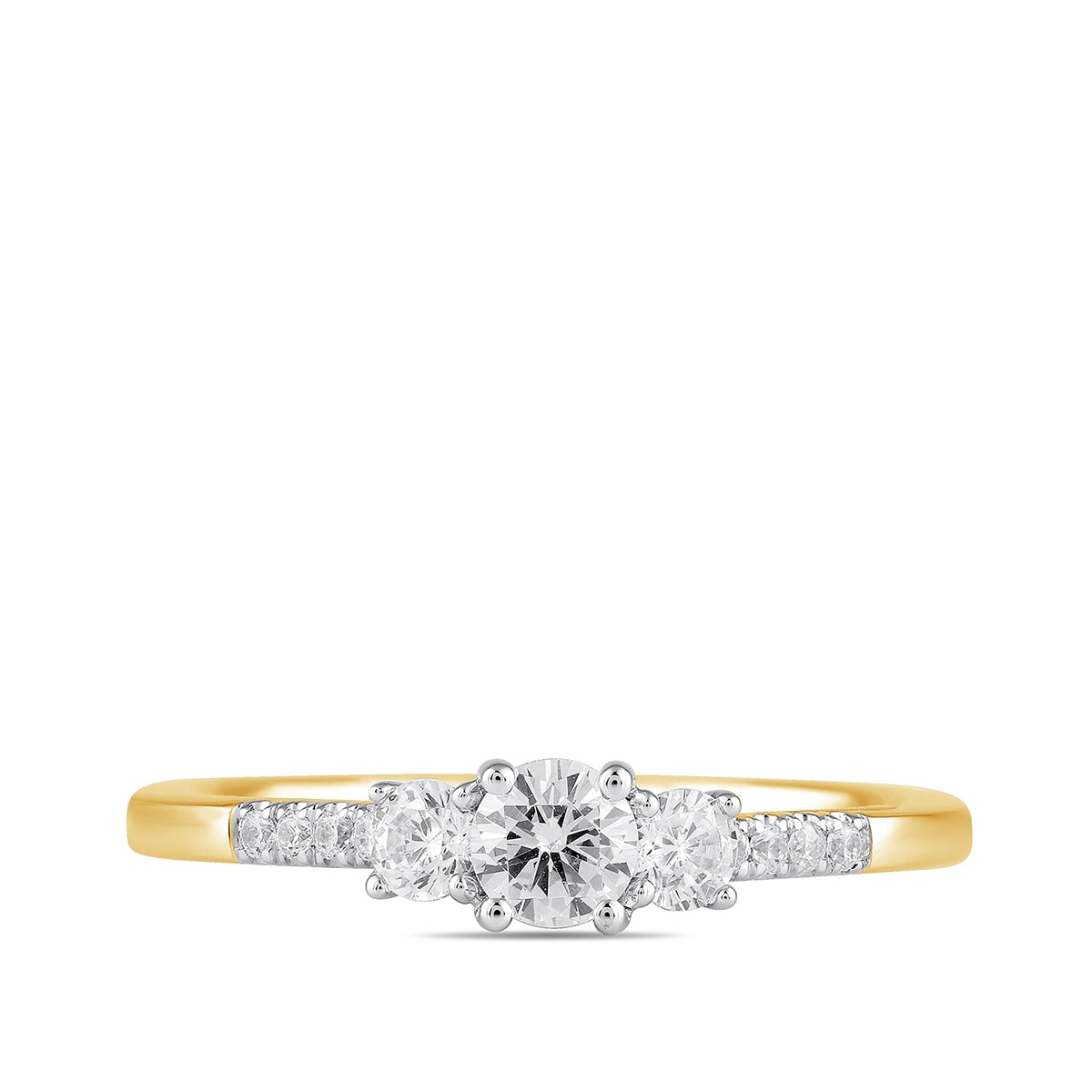 Adamante 3/4 ct. tw. Lab-Grown Round Brilliant Diamond Trio Engagement Ring in 14K Yellow Gold close-up detail