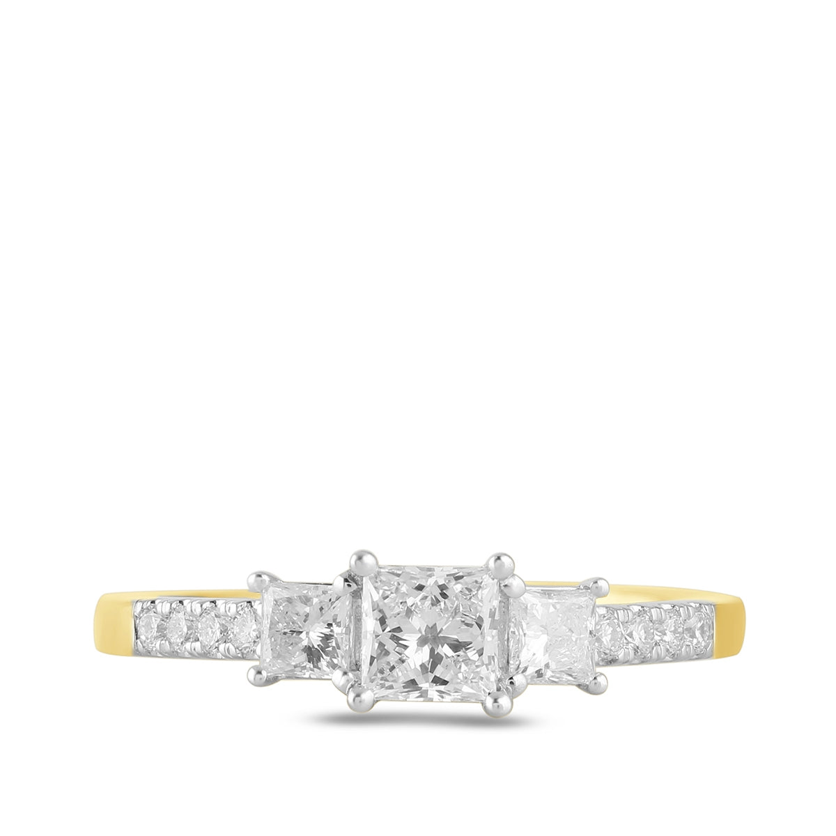 Adamante 2 ct. tw. Lab-Grown Princess Cut Diamond Trio Engagement Ring in 14K Yellow Gold close-up detail