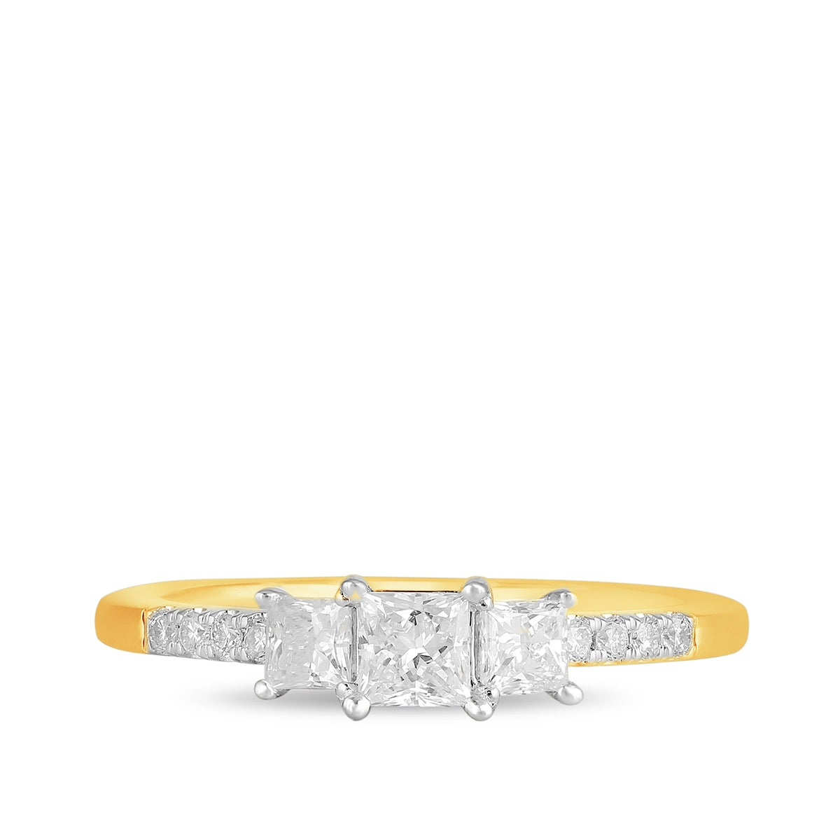 Adamante 3/4 ct. tw. Lab-Grown Princess Cut Diamond Trio Engagement Ring in 14K Yellow Gold close-up detail