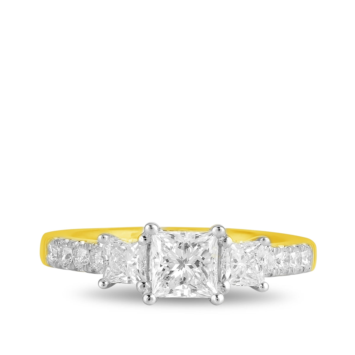 Adamante 1-1/2 ct. tw. Lab-Grown Princess Cut Diamond Trio Engagement Ring in 14K Yellow Gold close-up detail