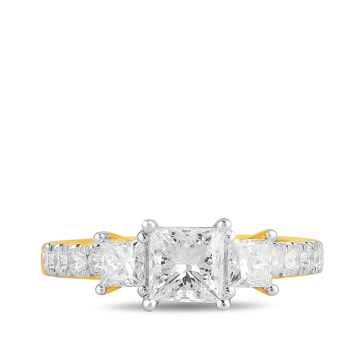 Adamante 1 ct. tw. Lab-Grown Princess Cut Diamond Trio Engagement Ring in 14K Yellow Gold close-up detail