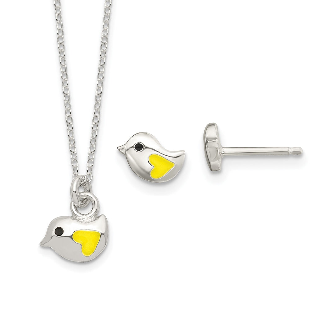 Children's Enamel Bird Pendant & Earring Set in Sterling Silver